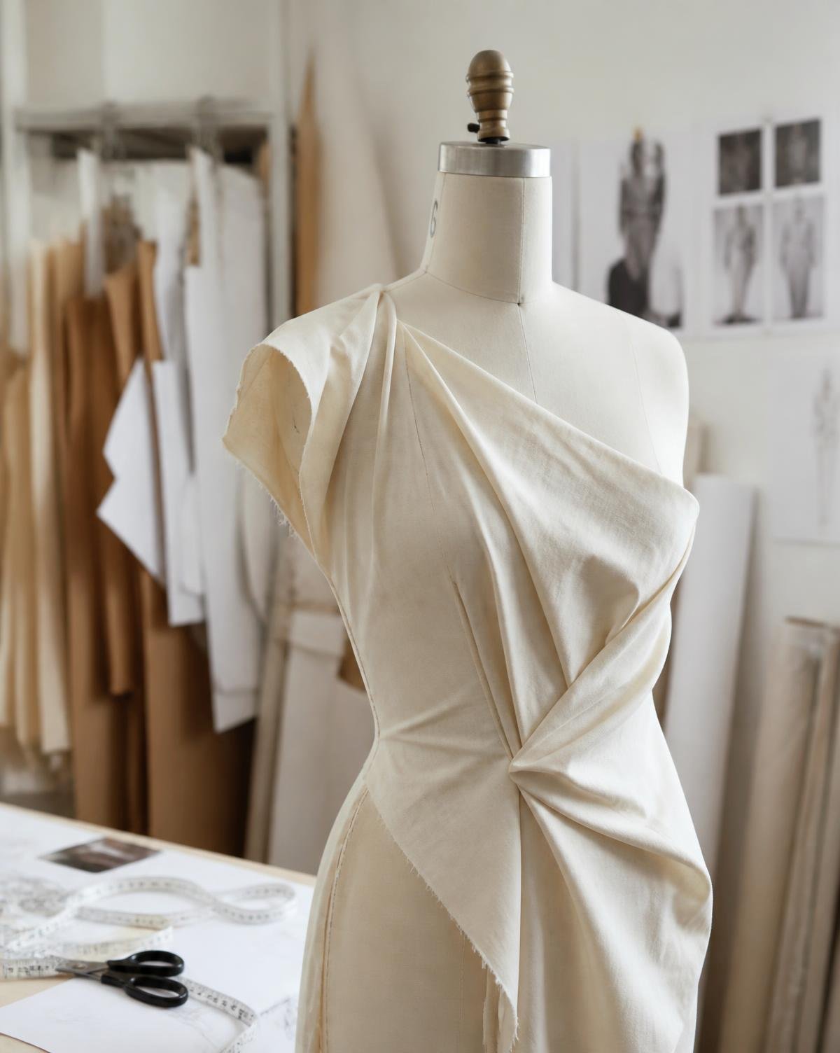 Garment draped in progress on a dress form in the fashion studio