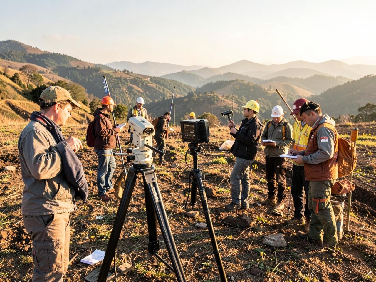 Civil engineering students operating survey instruments during the mandatory survey camp