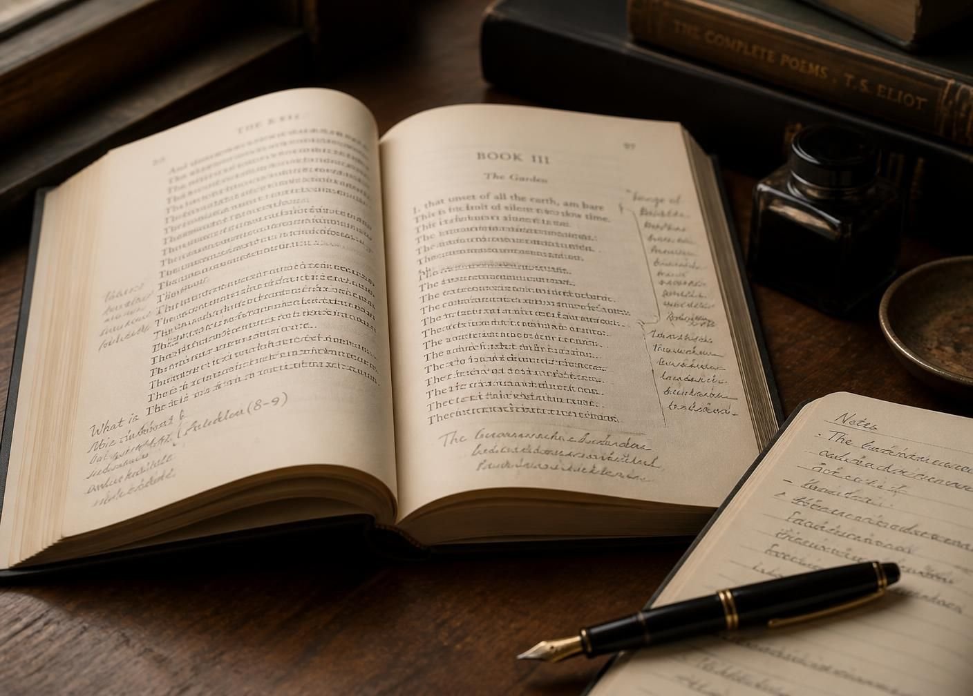 An annotated volume of poetry beside a notebook and fountain pen
