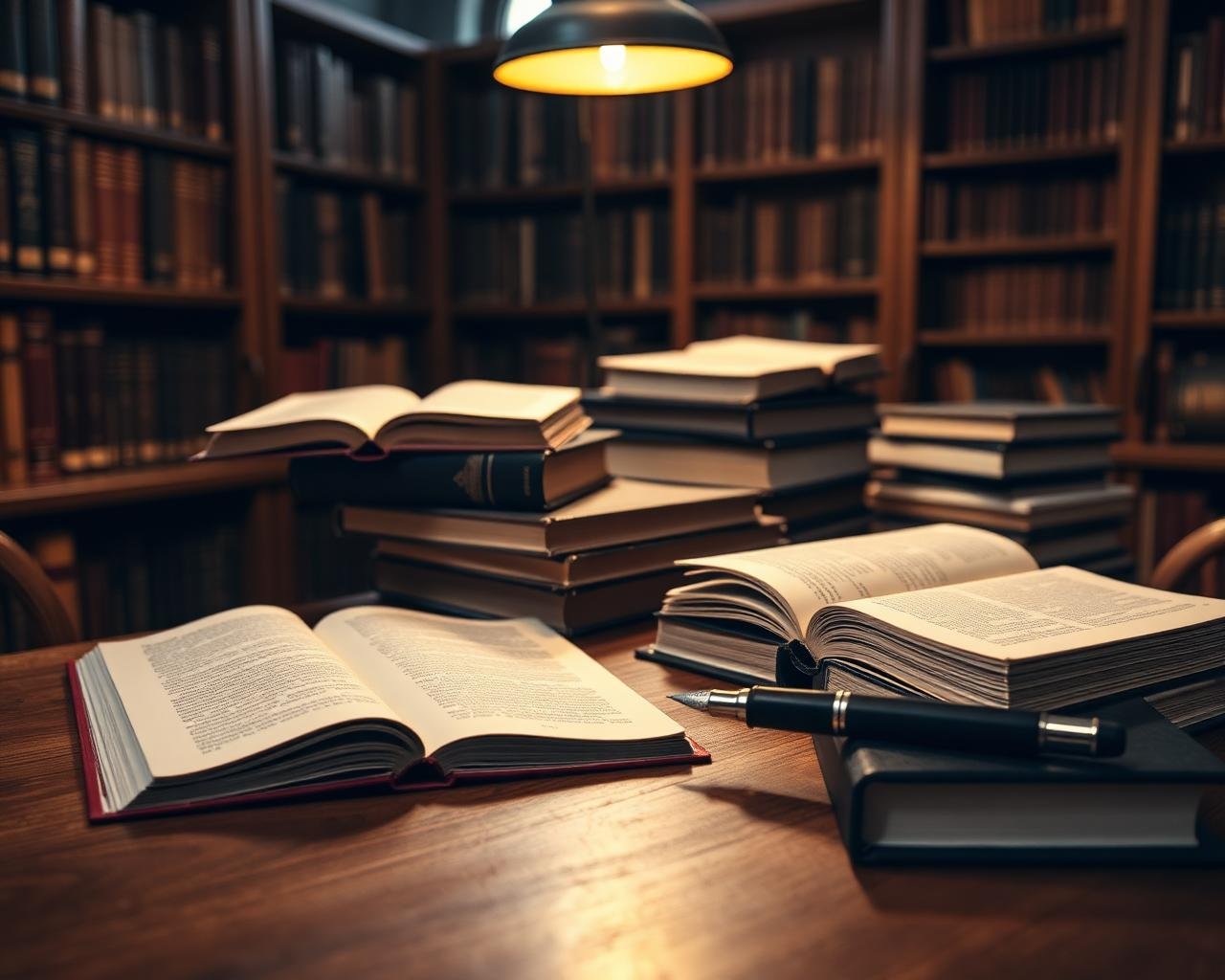 Open hardcover books, journals and a fountain pen on a wooden study desk