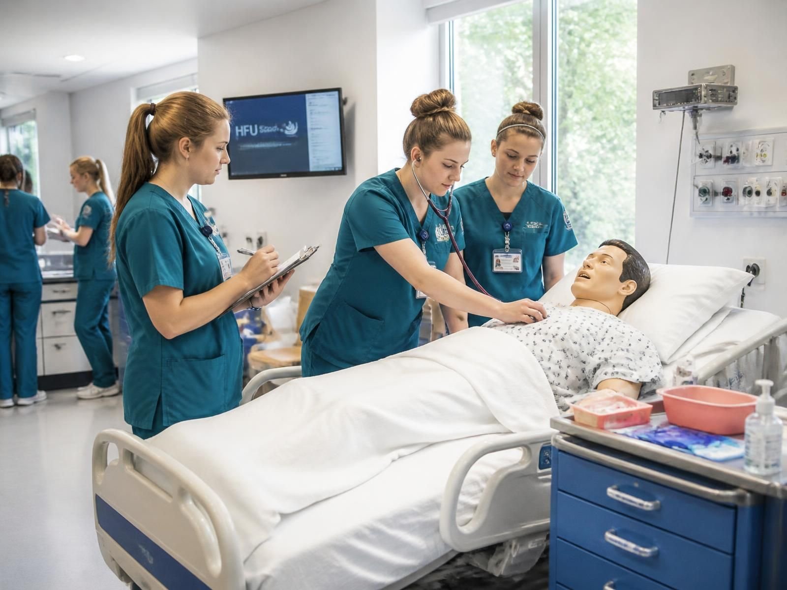 Nursing students practising patient assessment on a training manikin in a simulation ward