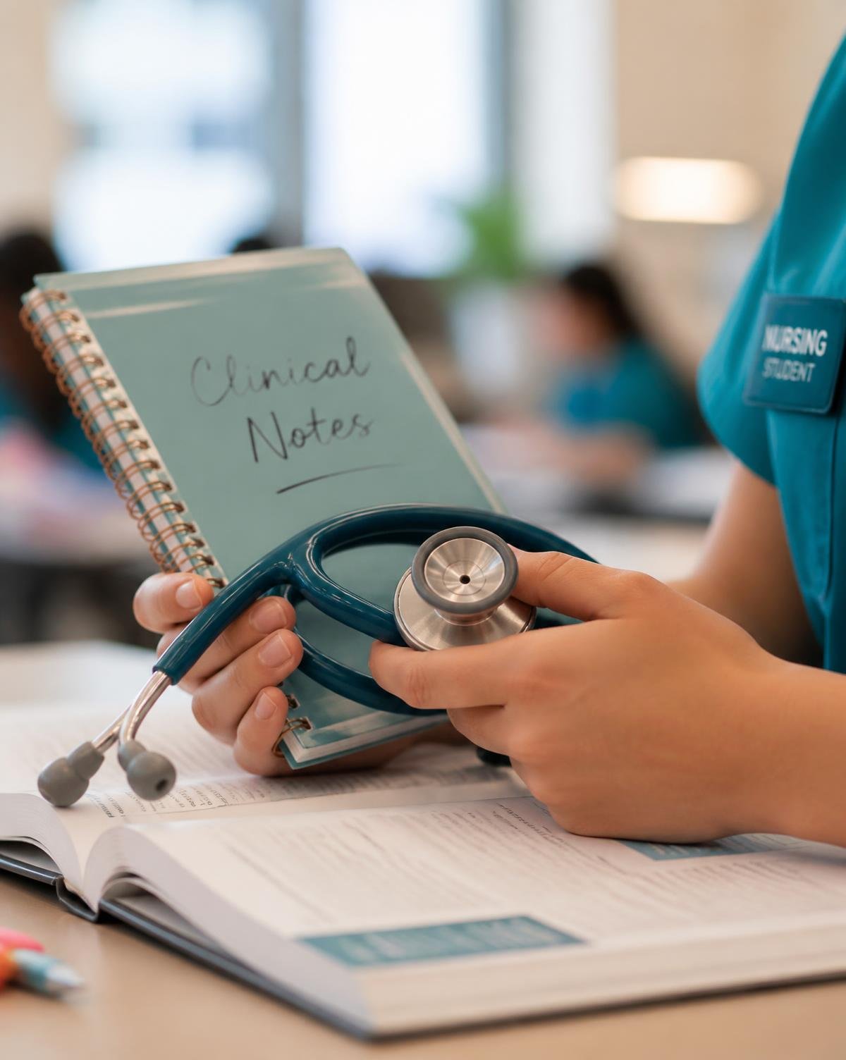 A nursing student holding a stethoscope and clinical notebook during class
