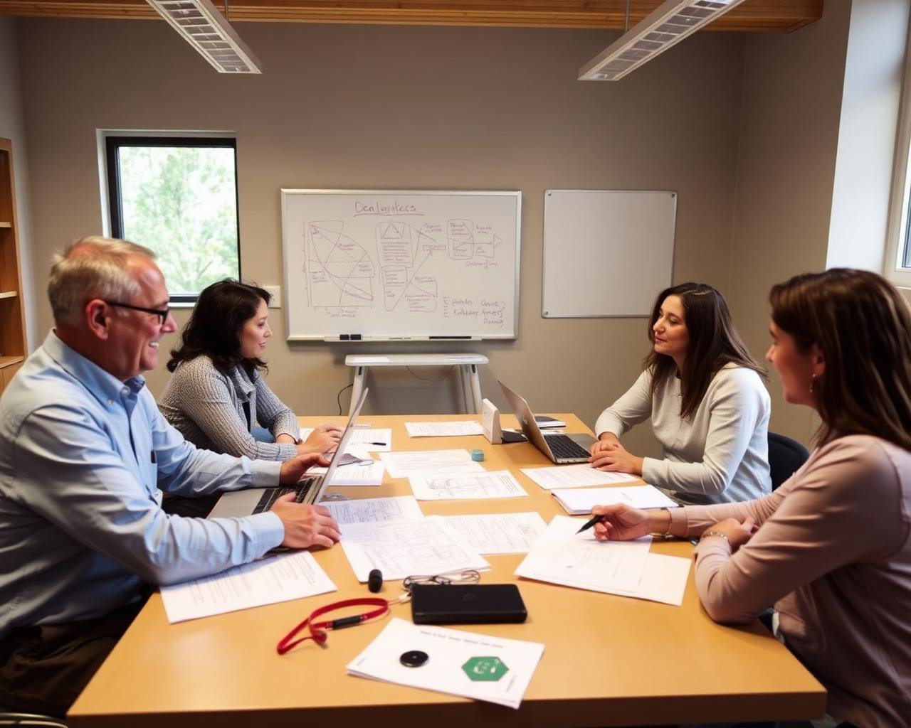 INU faculty members and students reviewing research papers around a table