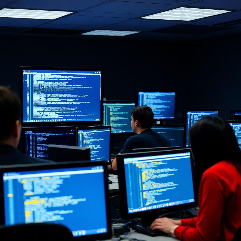 Students working on code at multiple monitors in a computing lab
