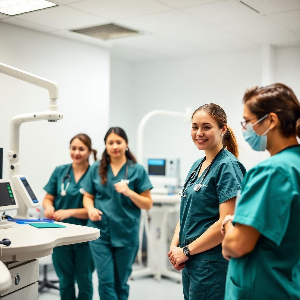 Allied health science students practising clinical skills in a university lab