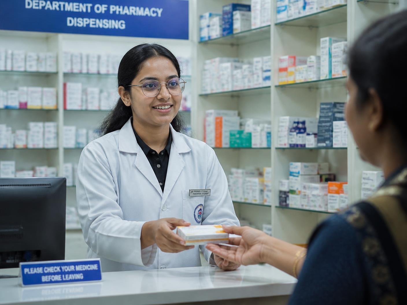 Pharmacy student dispensing medicine at a teaching hospital pharmacy counter